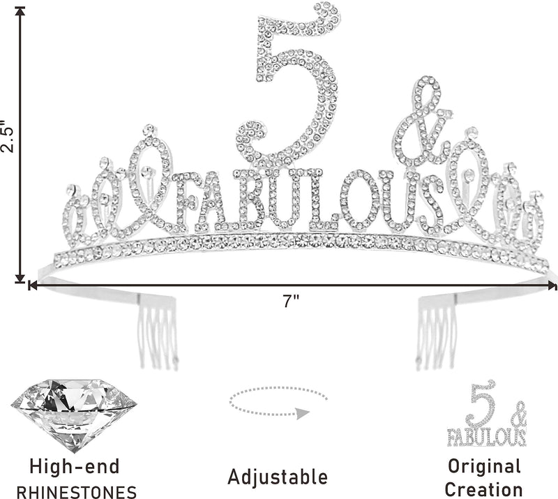 5th Birthday Gifts for Girls,5th Birthday Tiara and Sash Silver,5th Birthday Decorations