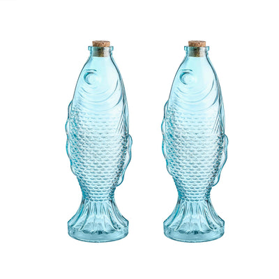 10.5" H 18 Ounce Blue Glass Decorative Bottles, Fish Shaped Bottles With Cork Set