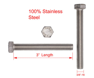 3/8"-16 X 3" (10pc) Stainless Hex Head Bolt, Fully Threaded, 18-8 Stainless