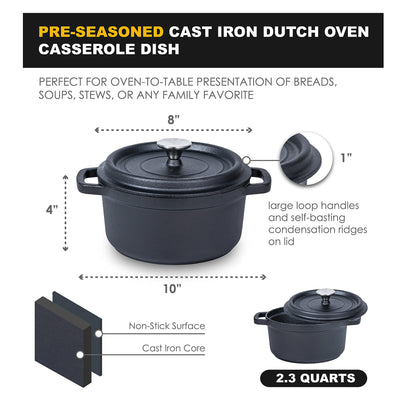 Pre-Seasoned Cast Iron Dutch Oven Pot, for Cooking, Basting, or Bread Baking - Lid