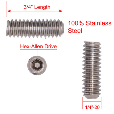 1/4"-20 X 3/4" Stainless Set Screw with Hex Allen Head Drive and Oval Point (50 pc), 18-8