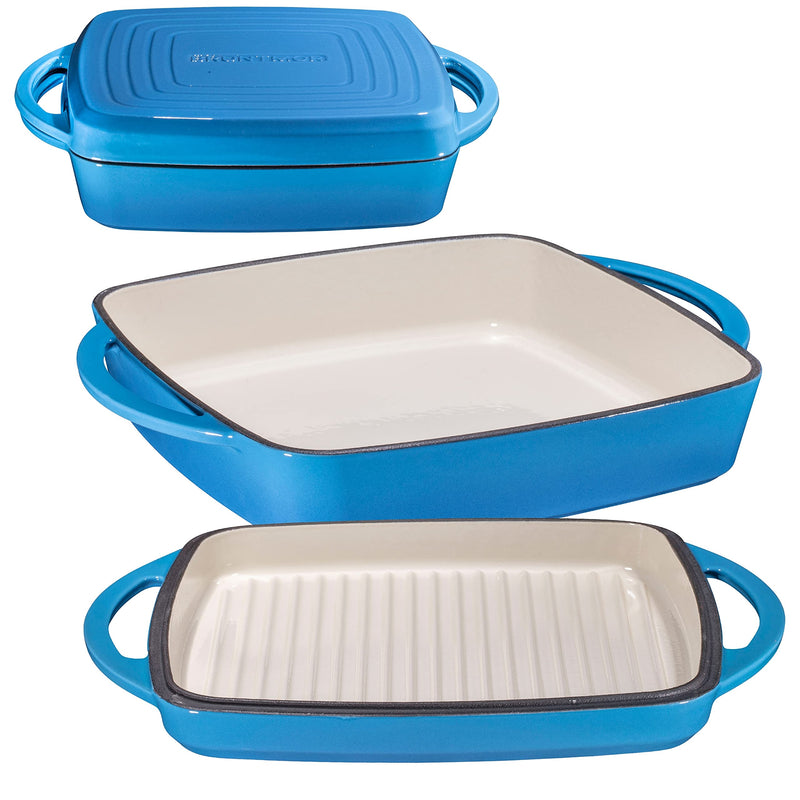 Enameled Square Cast Iron Large Baking Pan. Cookware Baking Dish With Griddle Lid 2In1