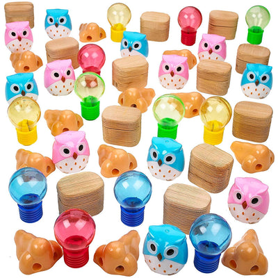 Kicko Assorted Pencil Sharpeners - 48 Pack, 1 to 2.5 Inch - Various Designs - Owl, Nose