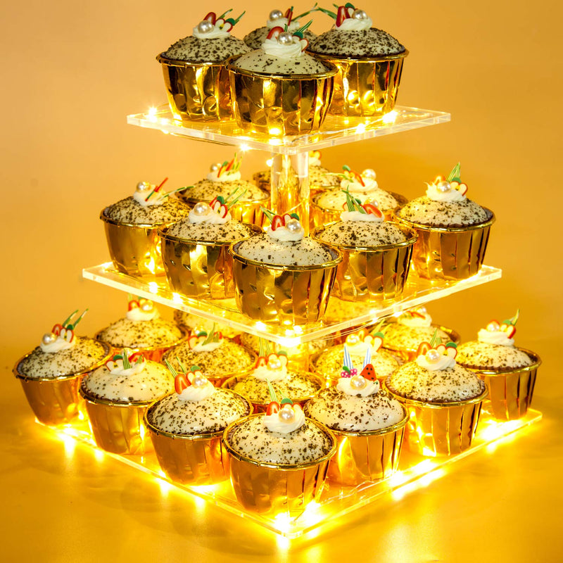 Vdomus Pastry Stand 3 Tier Acrylic Cupcake Display Stand with LED String Lights Dessert