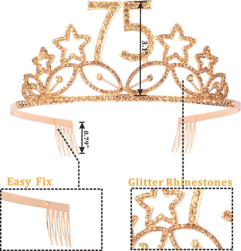 75Th Birthday Gifts For Woman, 75Th Birthday Tiara And Sash Gold, Happy 75Th Birthday