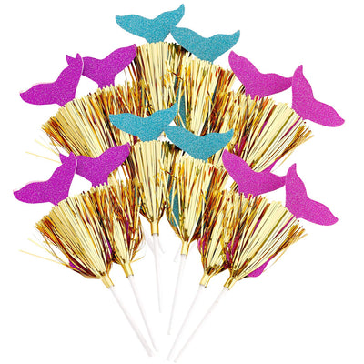 Kicko Mermaid Cake Toppers with Gold Tassels - 12 Pack - 7.5 Inch - for Kids, Party