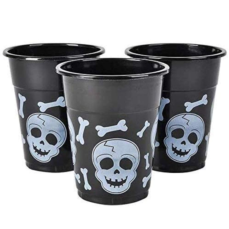 Bulk Pack Halloween Plastic Cups | 50 16 Oz Spooky Black and White Skull and Bone Design