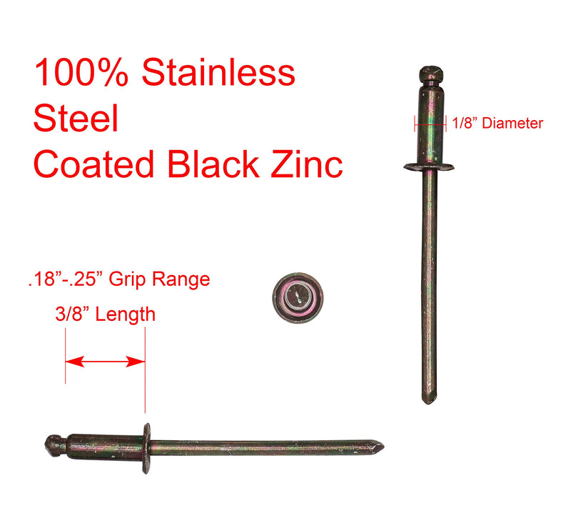 44 Black Zinc Coated Stainless Rivets (100pc) 1/8" Diameter, Grip Range (3/16" - 1/4")