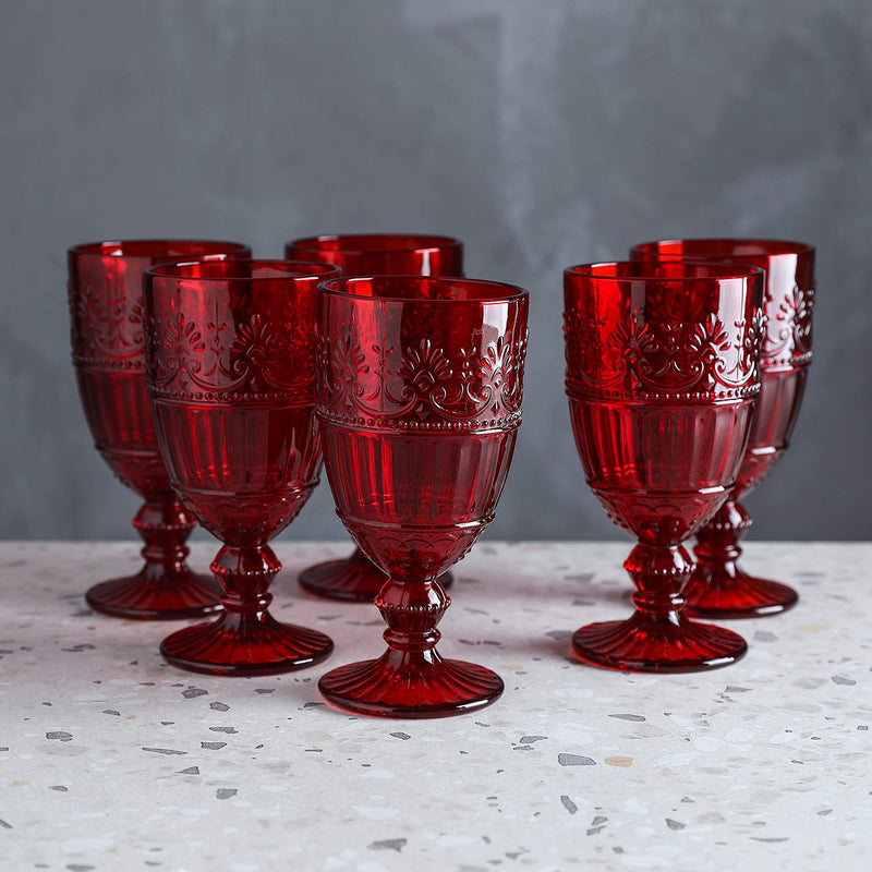 WHOLE HOUSEWARES | Colored Glass Goblet | Set of 6 Drinking Glasses | 11.5 oz Embossed