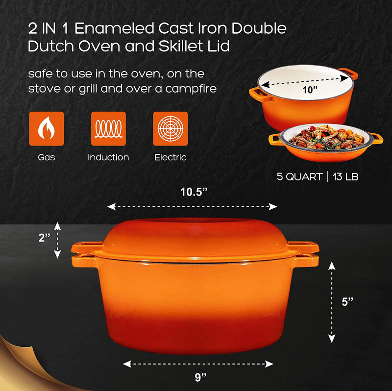 Bruntmor Pre-Seasoned 2 In 1 Cast Iron Pan 5 Quart Double Dutch Oven Set and Domed 10 inch