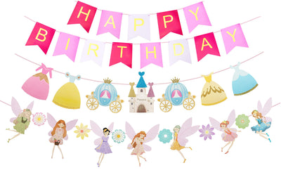 Fairy Birthday Decoration, Flower Fairies Girls Birthday Banner, Pink and Gold Happy