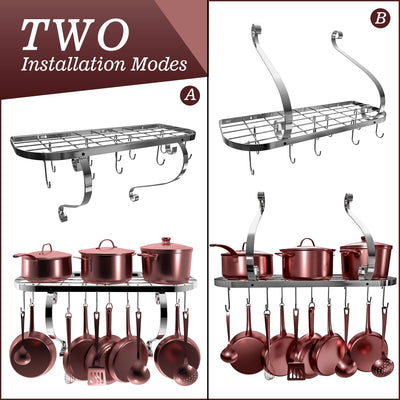 Square Grid Wall Mount Pot Rack, Bookshelf Rack With 10 Hooks, Kitchen Cookware, 24 By