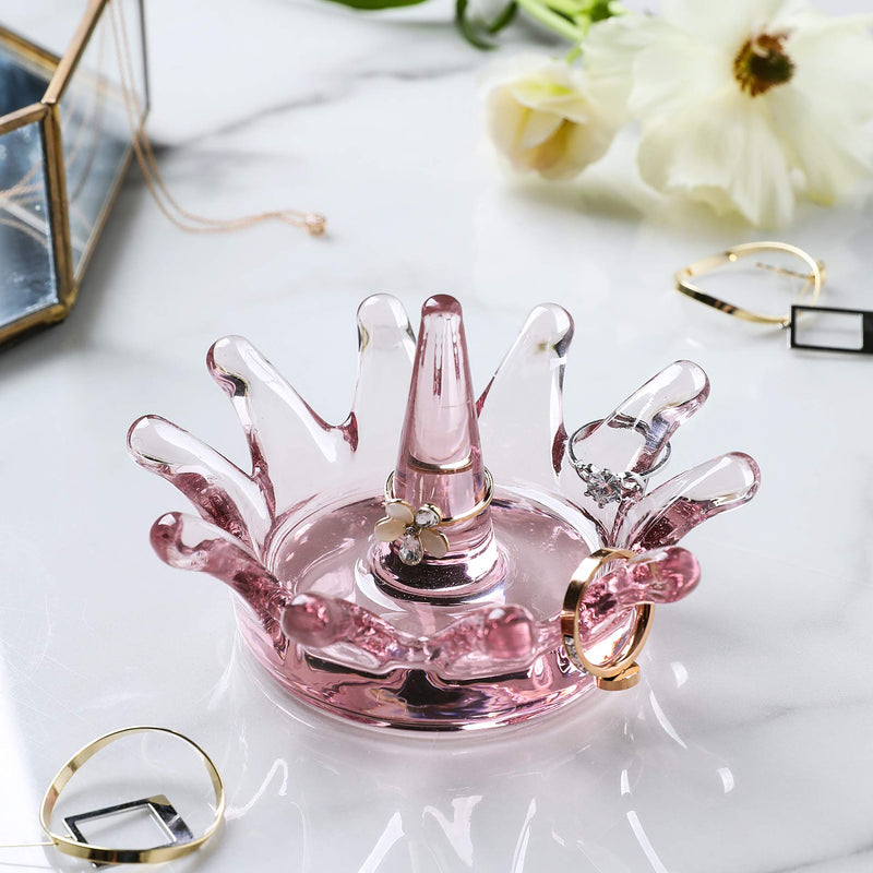 Crown Shape Glass Ring Holder Dia 4.3inch Glass Jewelry Tray Organizer (Pink