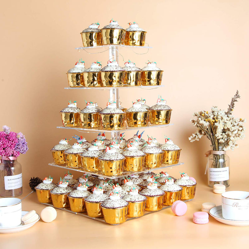 Pastry Stand 5 Tier Acrylic Square Cupcake Display Stand With Led String Lights, Dessert