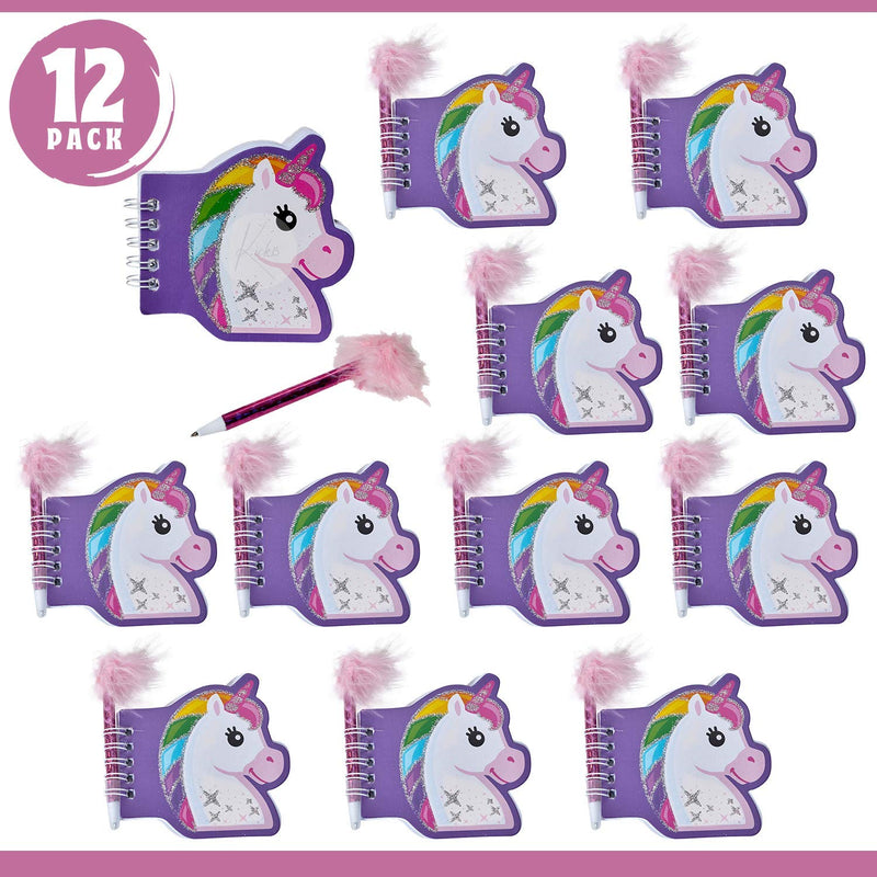 Kicko Unicorn Notebook with Feather Pen - Pack of 12 - 3.5 Inch Glittered Unicorn