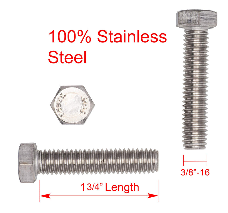 3/8"-16 X 1-3/4" (25pc) Stainless Hex Head Bolt, Fully Threaded, 18-8 Stainless