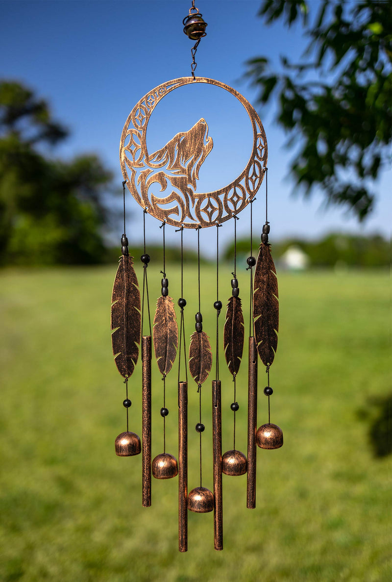 Tribal Wolf Dreamcatcher Outdoor Garden Decor Wind Chime (Rustic Copper)