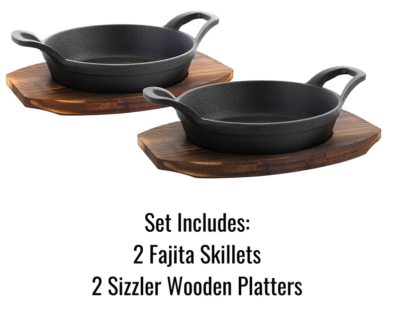 4 Piece Pre-seasoned Cast Iron Fajita Skillets and Sizzle Plates - Round Mini Server