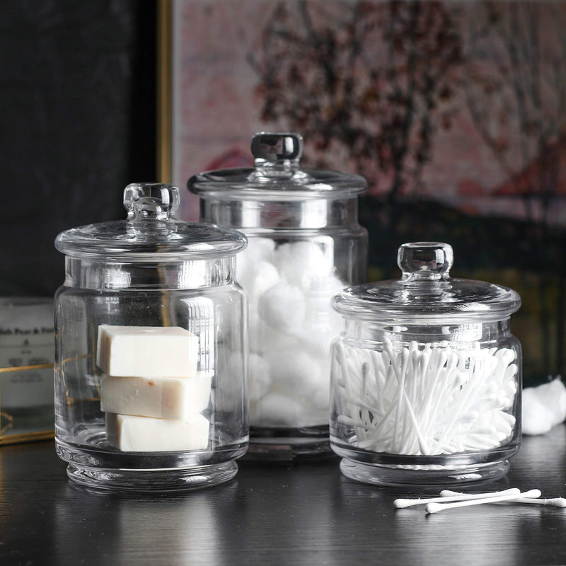 Clear Glass Apothecary Jars-Cotton Jar-Bathroom Storage Organizer Canisters Set Of 3