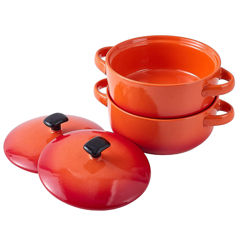 Soup Crocks Bake & Serve Oven Safe Ceramic Soup Bowls With Handles and lids - 20oz Set