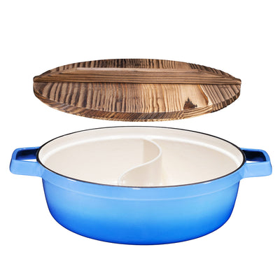 Non-Stick 2-In-1 Cast Iron Enameled Shabu Shabu Hot Pot with Wooden Lid  Heavy Duty 5