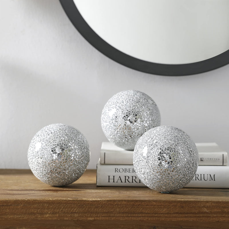 Decorative Orbs Set of 3 Glass Mosaic Sphere Balls Diameter 4.1" for Bowls, Vases