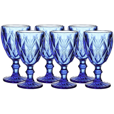 Colored Glass Drinkware | 9.5 Ounce Water Glasses | Set Of 6 | Cobalt Blue Diamond Patte