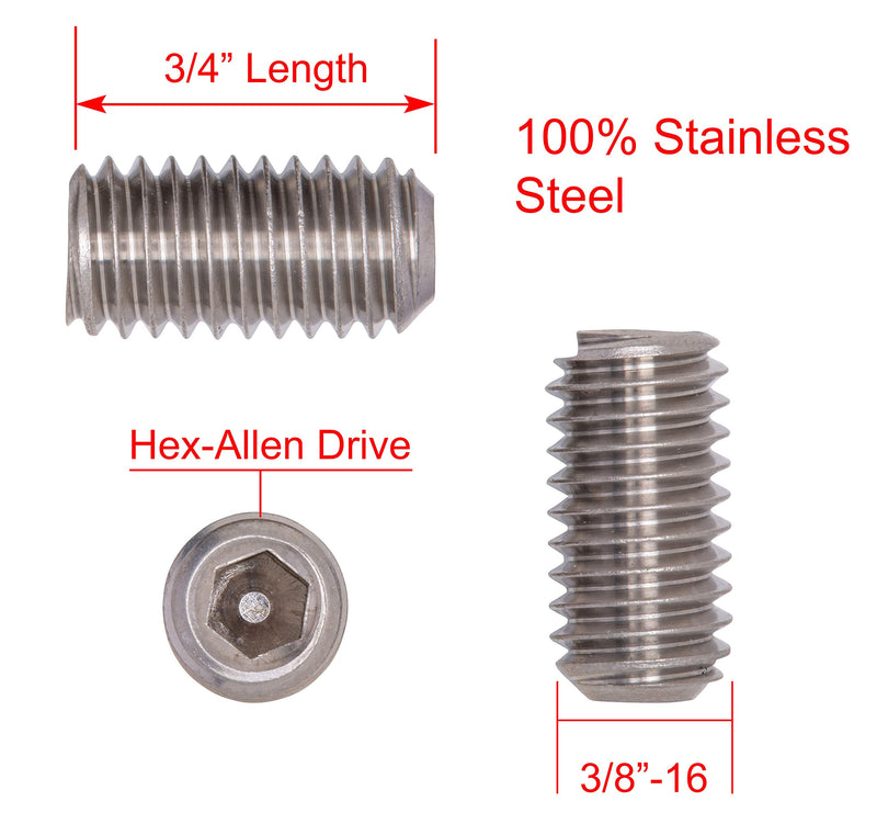 3/8"-16 X 3/4" Stainless Set Screw with Hex Allen Head Drive and Oval Point (25 pc), 18-8