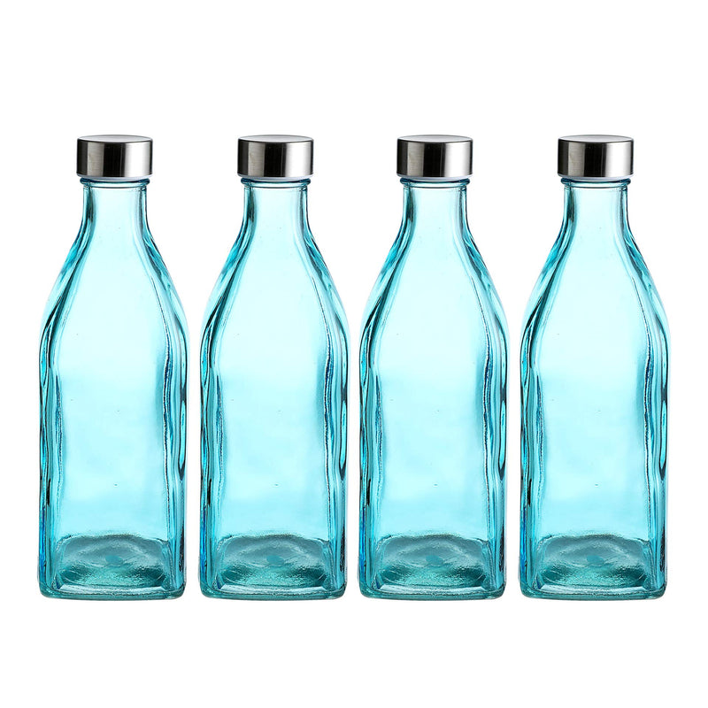 34 Oz Square Glass Water Bottles, Stainless Steel Leak Proof Lid, 4 Pack of Reusable