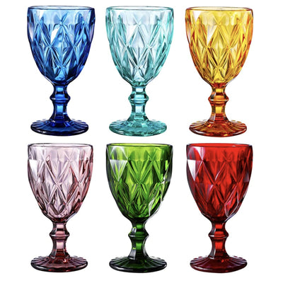 Colored Glass Drinkware | 9.5 Ounce Water Glasses | Set Of 6 | Cobalt Blue Diamond Patte