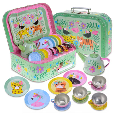 15 Piece Girls Pretend Toy Tin Tea Set Carrying Case Ballea