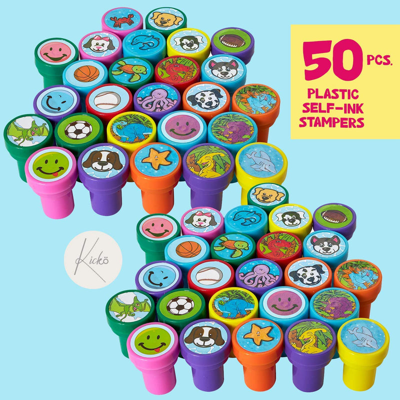 Kicko Stamps Assortment for Kids - 50 Plastic Self-Ink Stampers - to Motivate and Bribe