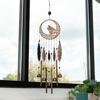 Tribal Wolf Dreamcatcher Outdoor Garden Decor Wind Chime (Rustic Copper)