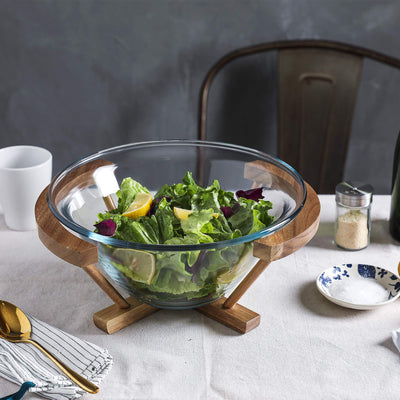 Glass Salad Serving Bowl with Acacia Wood Stand, 120