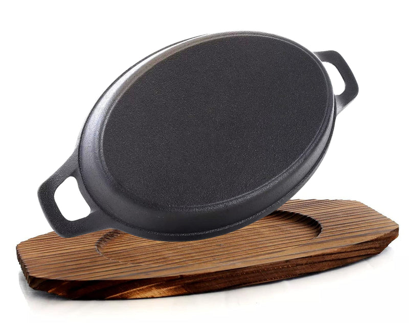 4 Piece Pre-seasoned Cast Iron Fajita Skillets and Steak Sizzle Plates - Oval Mini Server