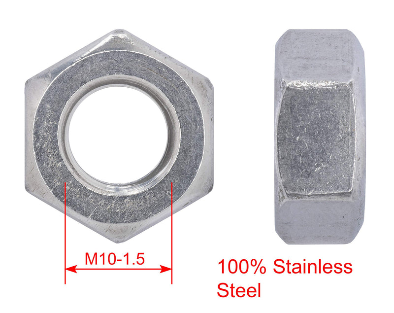 M10-1.5 Metric Stainless Hex Nut, (50 Pack), 304 (18-8) Stainless Steel Nuts, DIN 934,