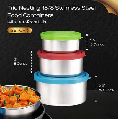 Bruntmor Trio Nesting 18/8 Stainless Steel Food Containers with Leak-Proof Lids, Set