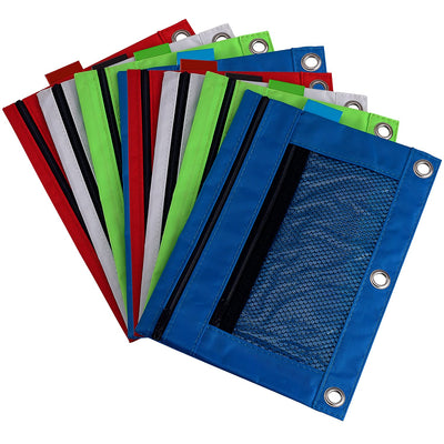 Kicko Pencil Case - 3 Ring Pouch with Mesh Window - Assorted Basic Colors Binder Pouch - 8