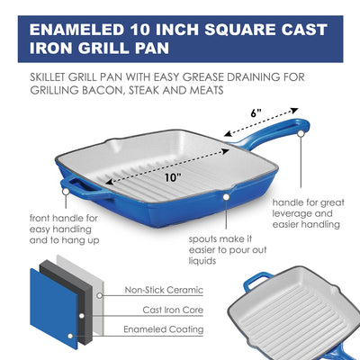 Bruntmor 10 Inch Square Cast Iron Grill Pan Skillet Grill Pan with Easy Grease Draining