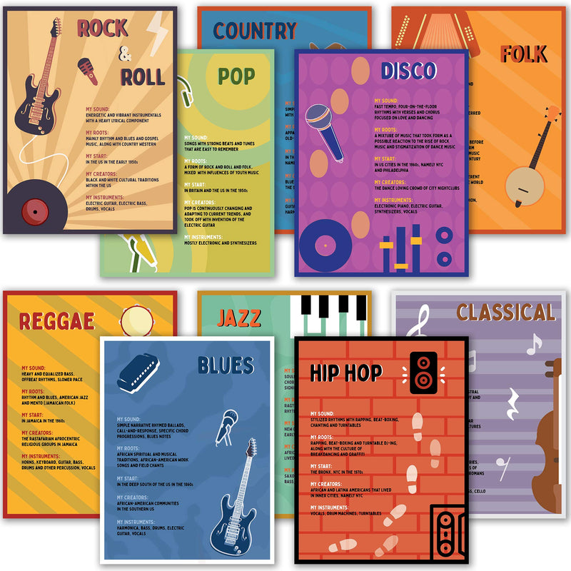 Music Genre Posters For Classroom - Music Classroom Decorations 10 Pack. Music Education