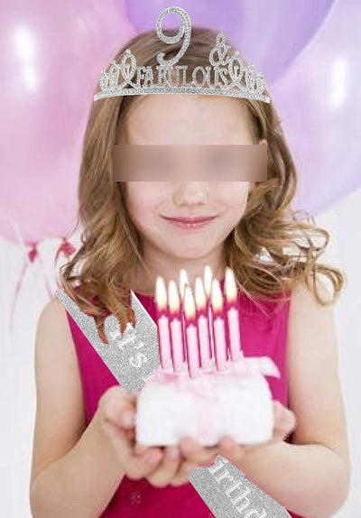 9th Birthday Gifts for girls,9th Birthday Tiara and Sash Silver,9th Birthday Decorations