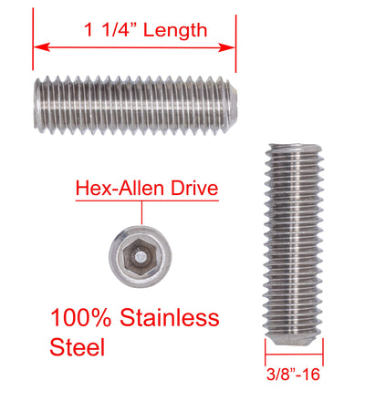 3/8"-16 X 1-1/4" Stainless Set Screw with Hex Allen Head Drive and Oval Point (25 pc), 18