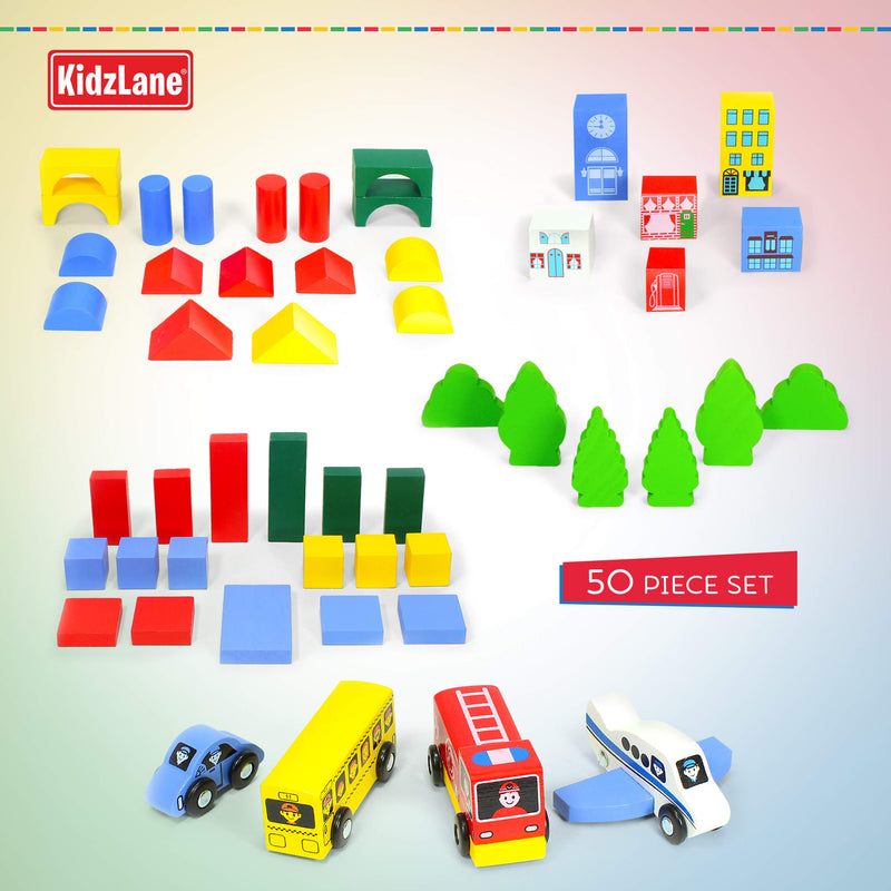 Kidzlane Wooden City Building Blocks - 50 Pc Wood Block Variety Set with Vehicles, Houses