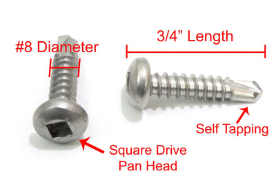 8 x 3/4" Stainless Pan Head Square Drive Sheet Metal Self Tapping Drilling Screws,