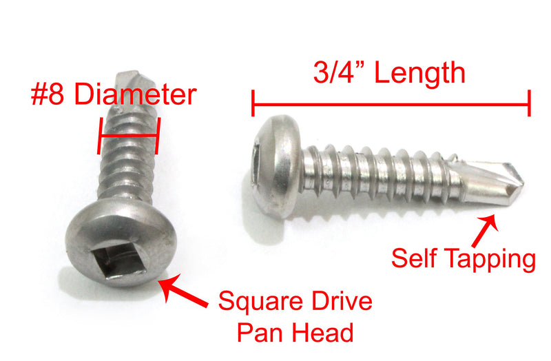 8 x 3/4" Stainless Pan Head Square Drive Sheet Metal Self Tapping Drilling Screws,