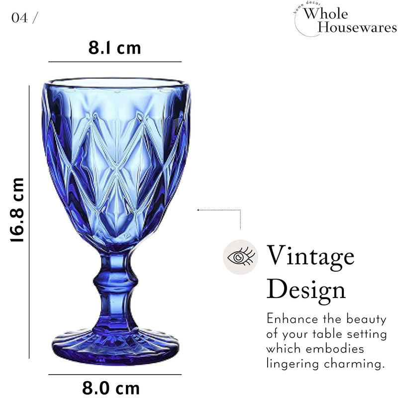 Colored Glass Drinkware | 9.5 Ounce Water Glasses | Set Of 6 | Cobalt Blue Diamond Patte