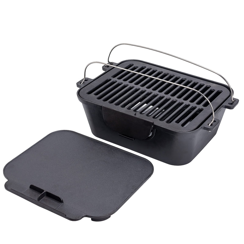 Heavy Duty Pre-Seasoned Cast Iron Portable Grill, 14"X12" Grilling Surface, Outdoor