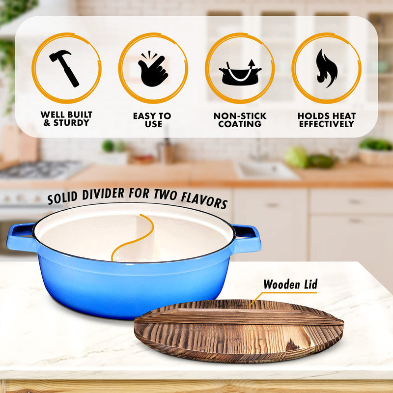 Non-Stick 2-In-1 Cast Iron Enameled Shabu Shabu Hot Pot with Wooden Lid  Heavy Duty 5