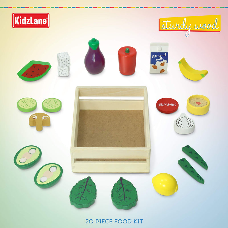 Kidzlane Wooden Vegan Toys with Wooden Crate | 20 Piece Wood Play Food Set for Kids