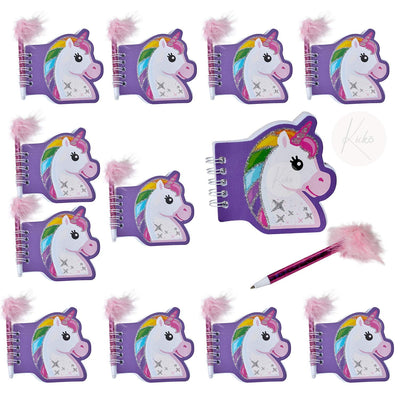 Kicko Unicorn Notebook with Feather Pen - Pack of 12 - 3.5 Inch Glittered Unicorn